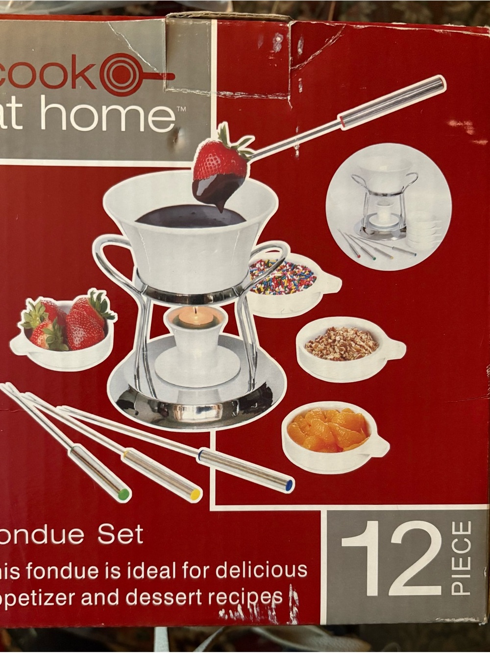 At Home White Ceramic 12-Piece Fondue Set with Stainless Stand